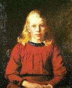 Michael Ancher helga i rod kjole oil painting